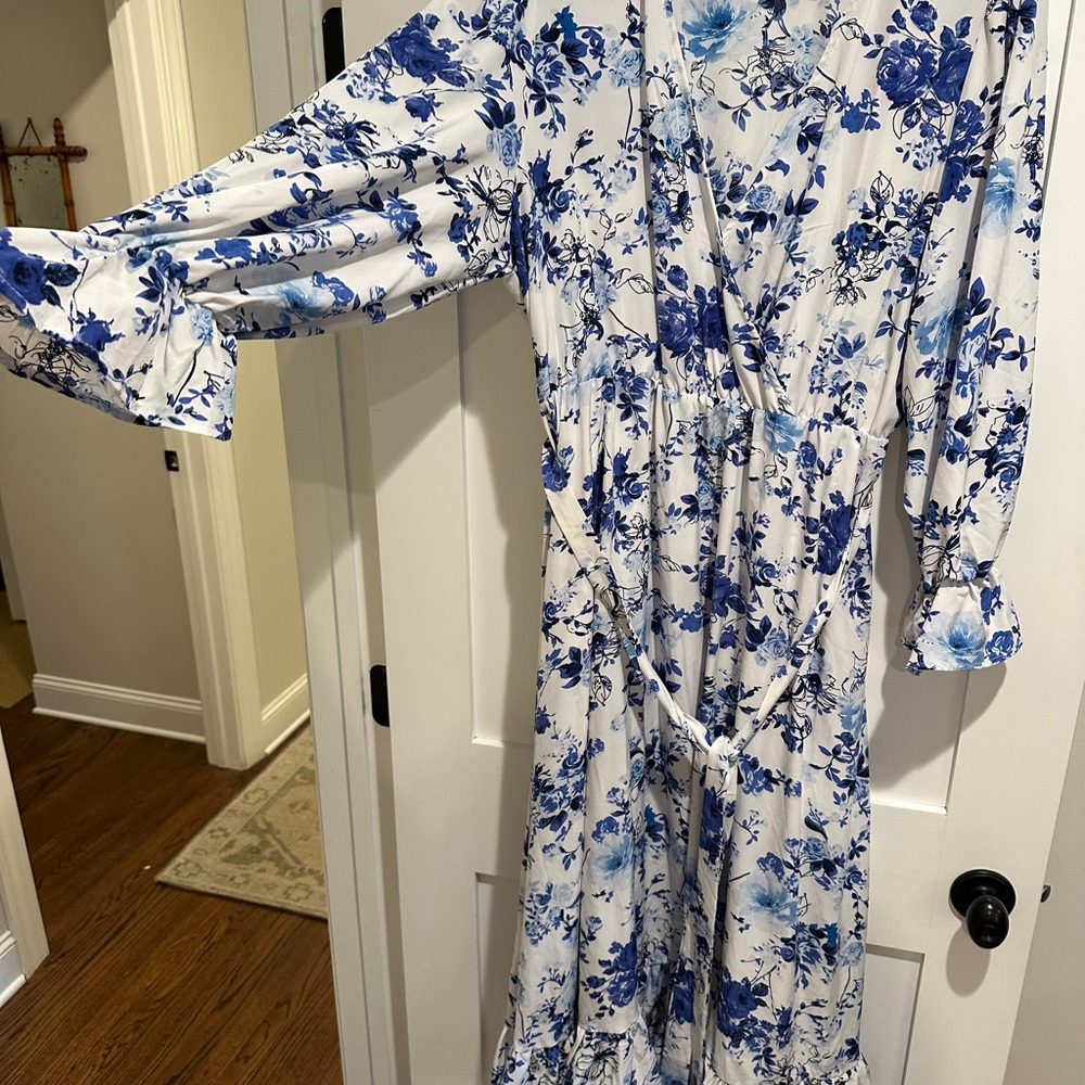 Floral Blue and White Wrap Dress - Picture 2 of 5